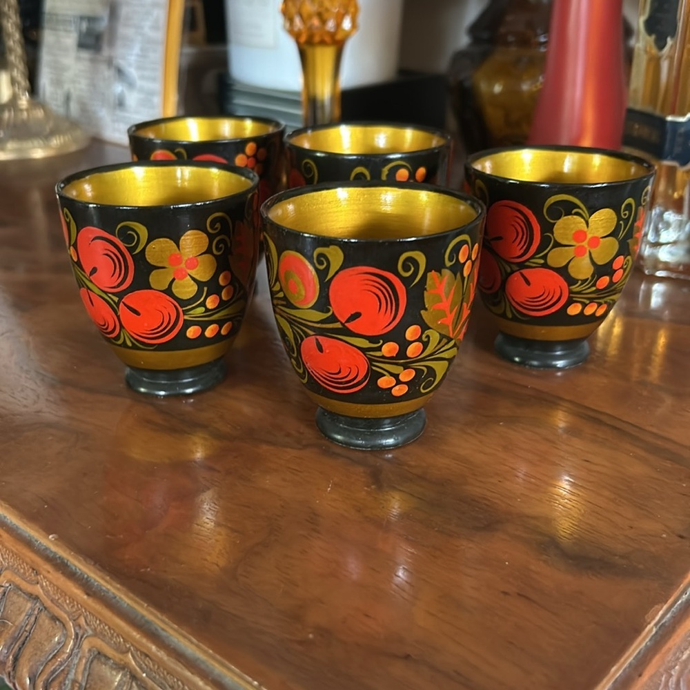 Vintage Russian 70's Hand Painted Khokhloma Goblet Shot Glasses